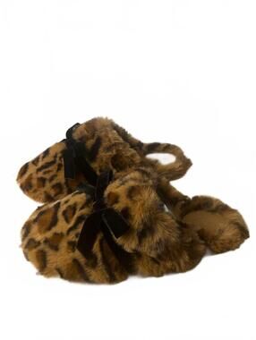 Women's Faux Fur Leopard Print Slippers with Black Velvet Bow, Size XL NWOT
